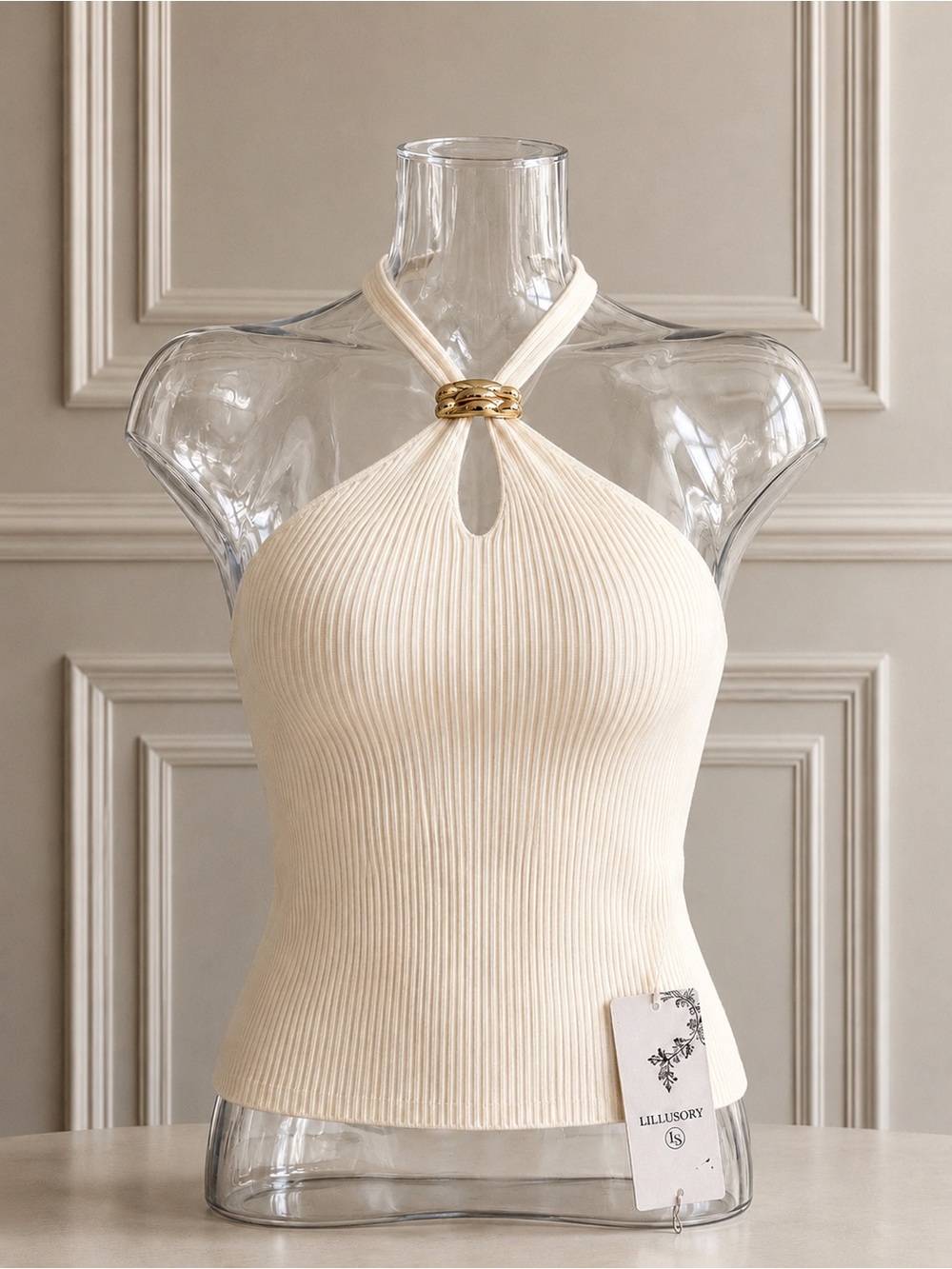 Lillistory Cream Ribbed Halter Tank with Gold Ring